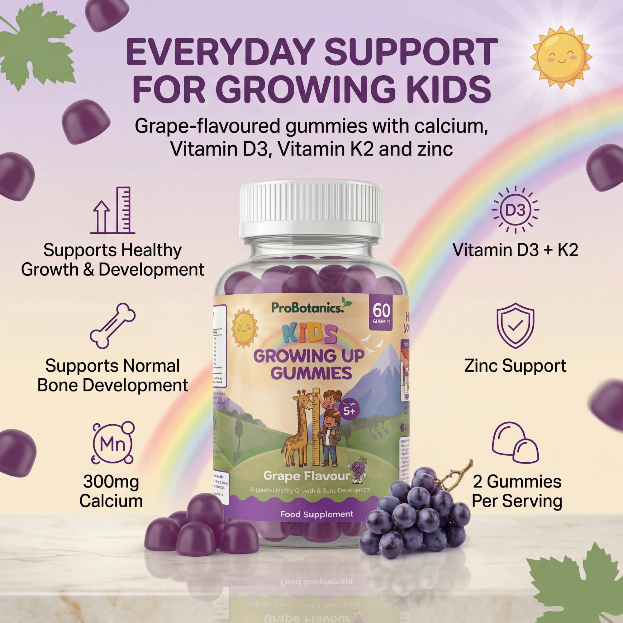 Kids Growing Up Gummies — product infographic with calcium, vitamin D3, K2 and zinc icons