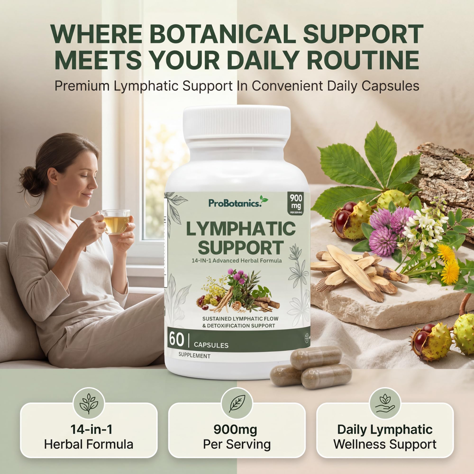 Lymphatic Support capsules — woman with herbal tea beside bottle, capsules and botanicals