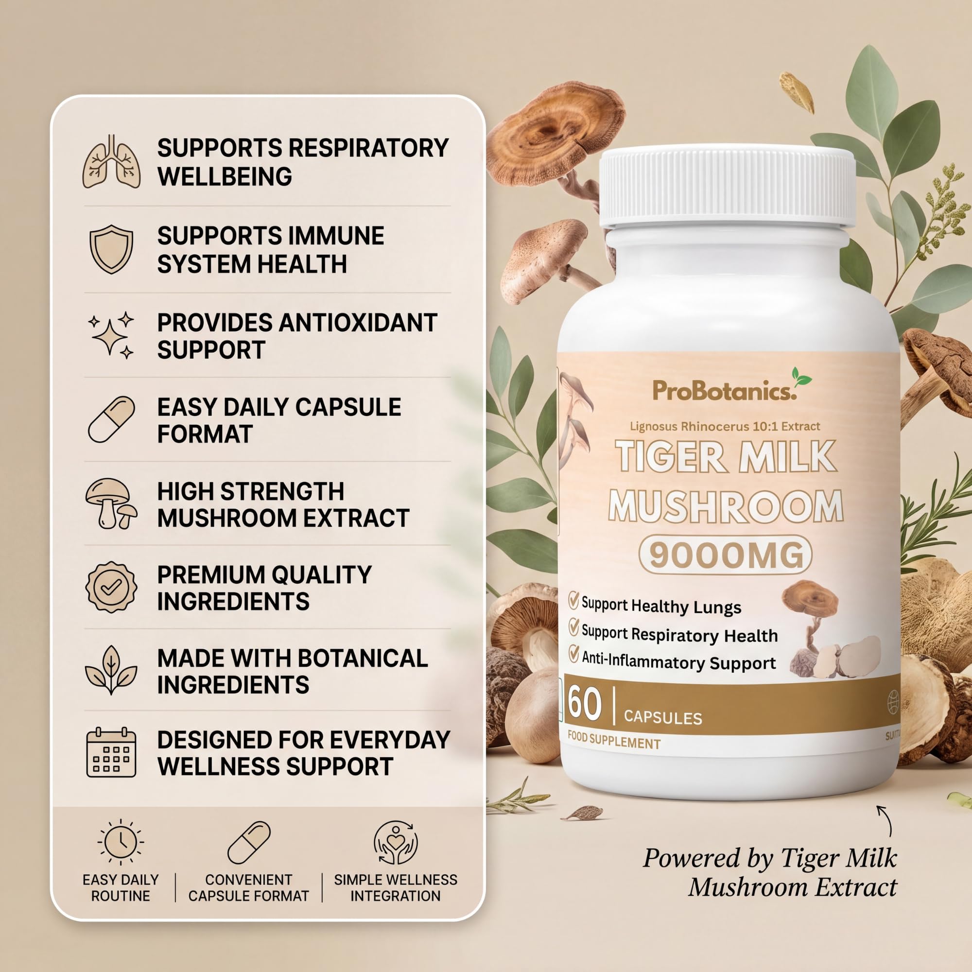 Tiger Milk Mushroom Capsules — product feature checklist beside bottle with dried mushrooms and botanicals