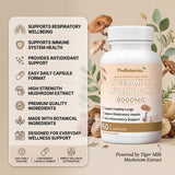 Tiger Milk Mushroom Capsules — product feature checklist beside bottle with dried mushrooms and botanicals