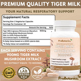 Tiger Milk Mushroom Capsules — supplement facts panel with 900mg extract per serving and quality badges