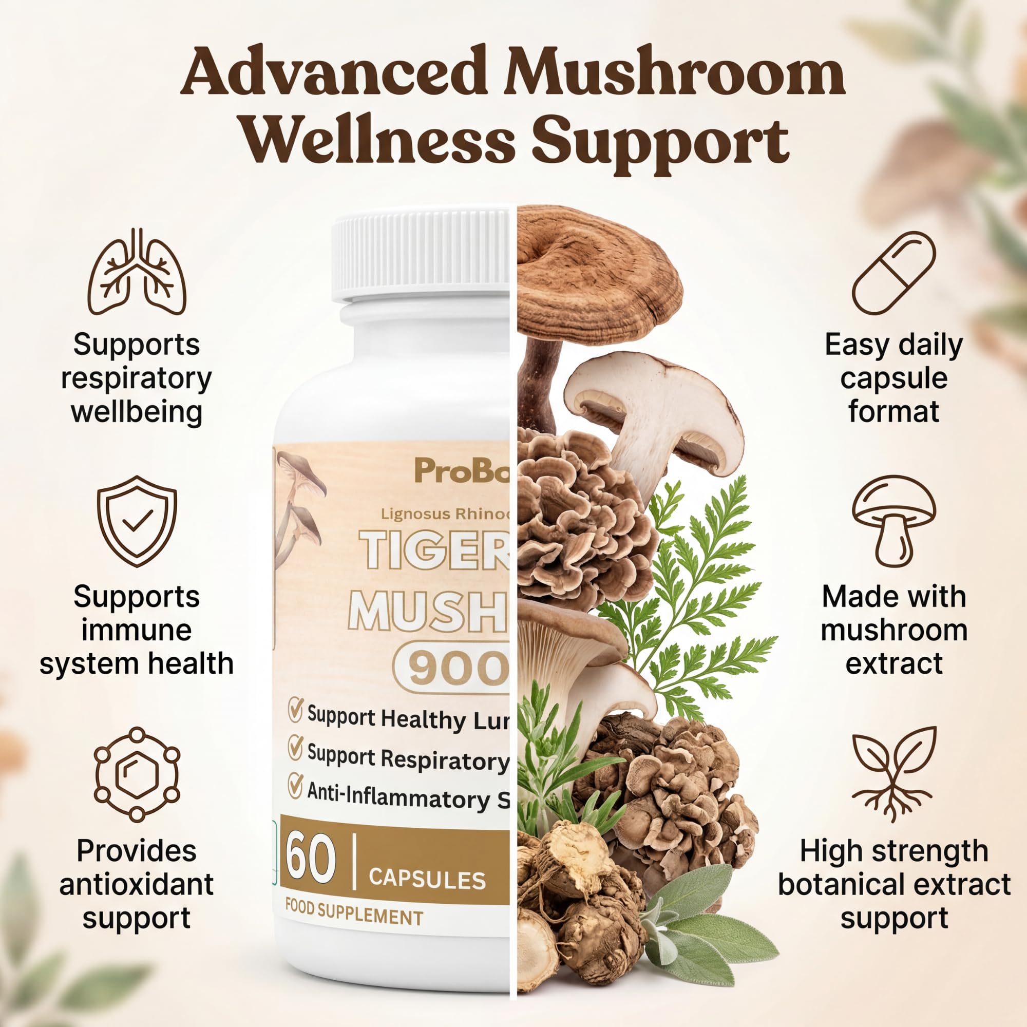 Tiger Milk Mushroom Capsules — product information graphic with feature icons beside bottle and mushrooms