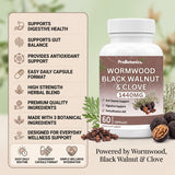 Wormwood Black Walnut and Clove drops — pipette close-up with 1450 mg per 2 ml and alcohol-free callouts
