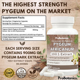 Pygeum Africanum capsules — supplement facts panel showing 900mg 100:1 bark extract per serving