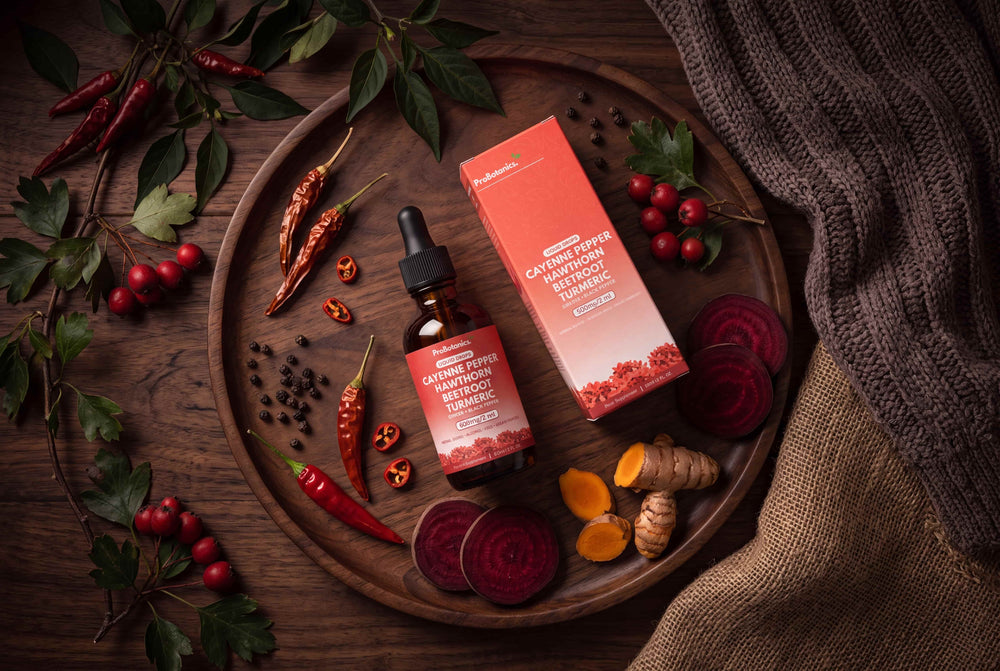 Cayenne Pepper Drops — bottle and packaging on a clean surface, natural light