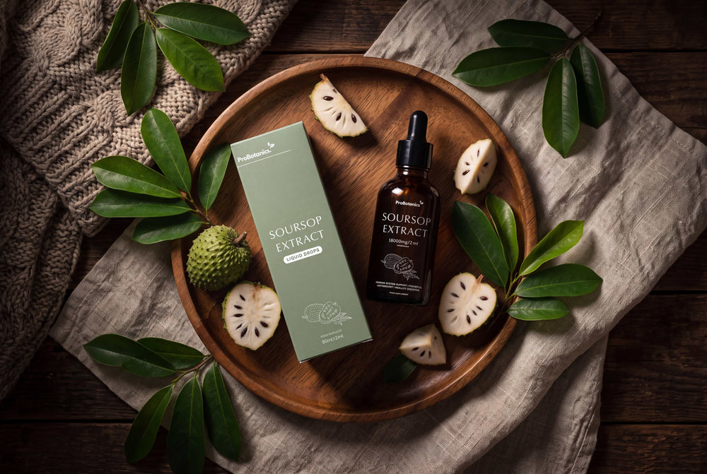 Soursop Liquid Drops — bottle and packaging on a clean surface, natural light