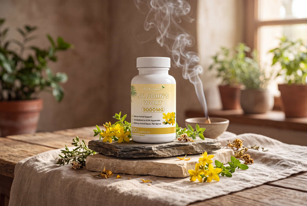 St John's Wort — bottle and packaging on a clean surface, natural light