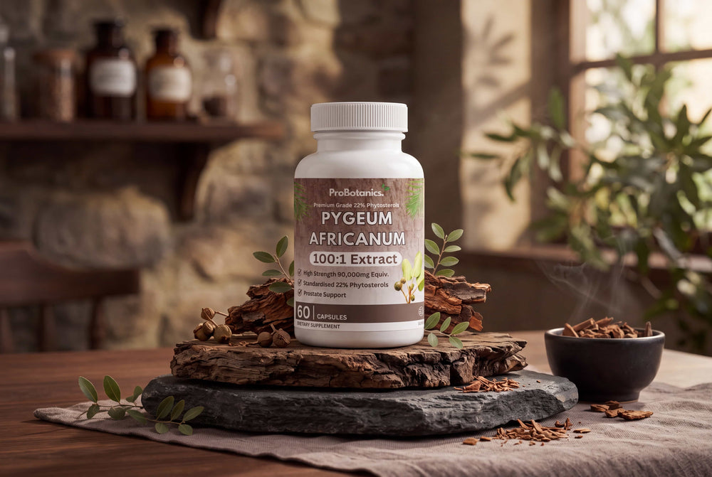 Pygeum Africanum — bottle and packaging on a clean surface, natural light