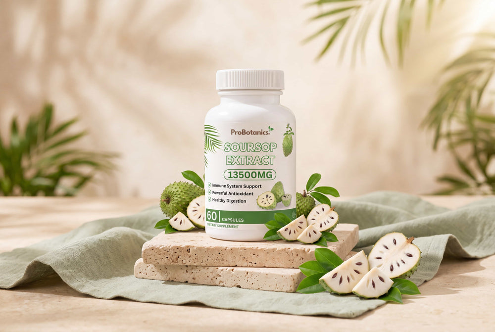 Soursop Capsules — bottle and packaging on a clean surface, natural light