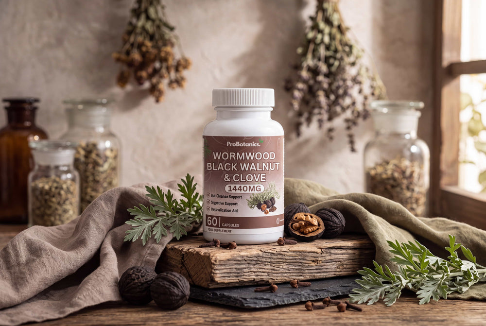 Wormwood, Black Walnut & Clove Capsules — bottle and packaging on a clean surface, natural light