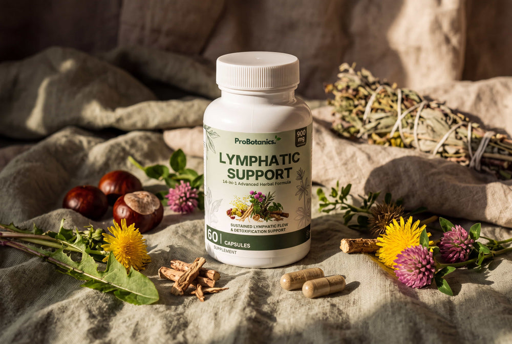 Lymphatic Support — bottle and packaging on a clean surface, natural light